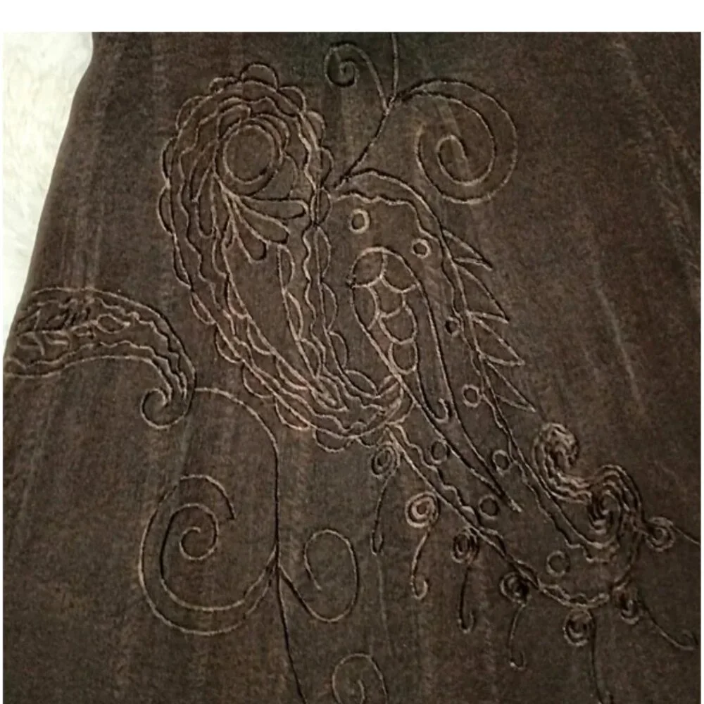 Vtg Coldwater Creek Boho Gypsy Maxi Skirt Chocolate Brown Paisley Embroidered XS